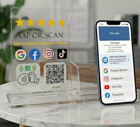 NFC QR Code Review Tap Card Stand for Google with Social Media & WiFi Sign, Multi-Link Review & Follow Us Display for Google, Instagram, Facebook, WiFi Password Sign for Business